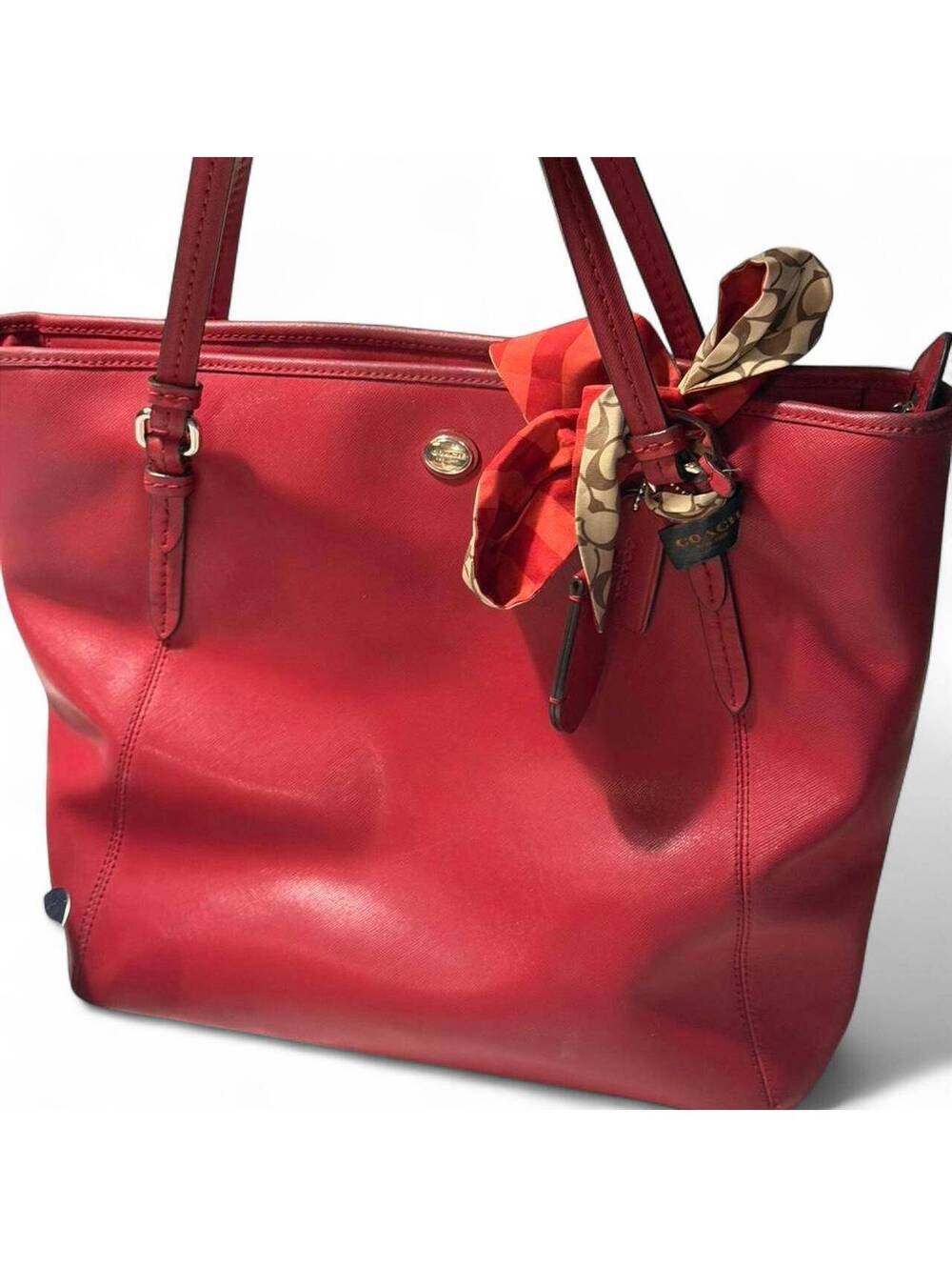 Coach Red Leather Tote Bag with Signature Scarf